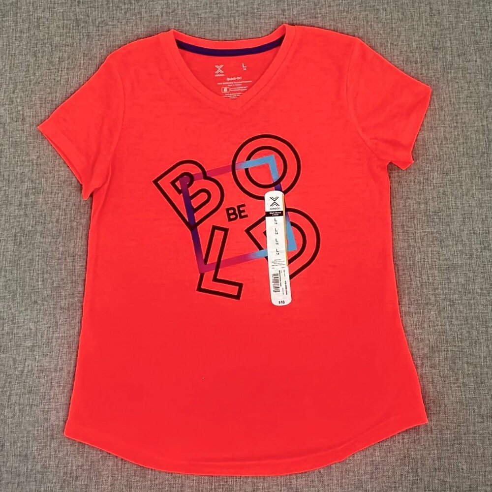 NEW! Xersion Little & Big Girls‎ Graphic T-Shirt V-Neck Bright Marathon Red L-14